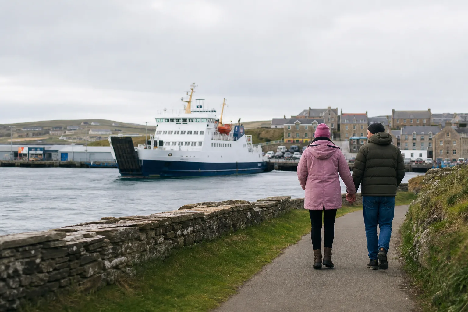 Inter-island ferry crossing Orkney waters beneath a wide cloudy sky