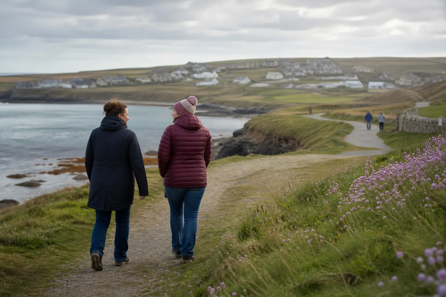 Two people walking together beside the sea in Orkney
