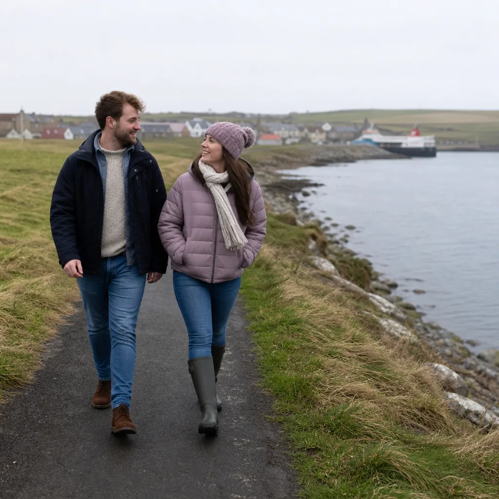 Passengers waiting beside an Orkney inter-island ferry terminal