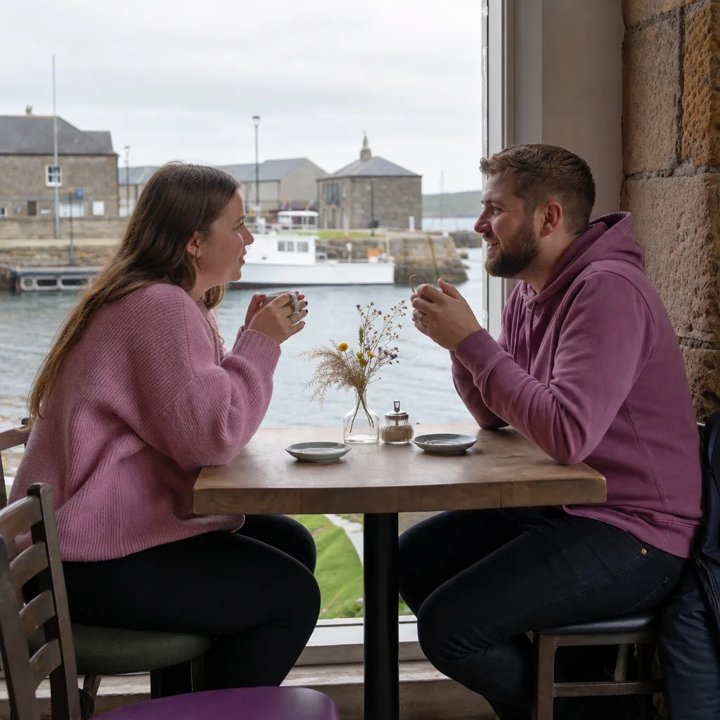Couple checking an Orkney ferry timetable together on a mobile phone