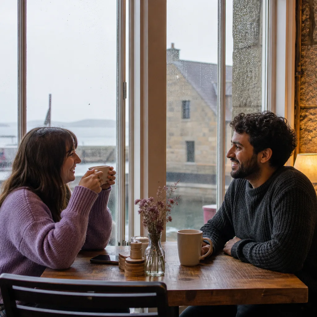 People talking beside historic displays inside a Kirkwall museum