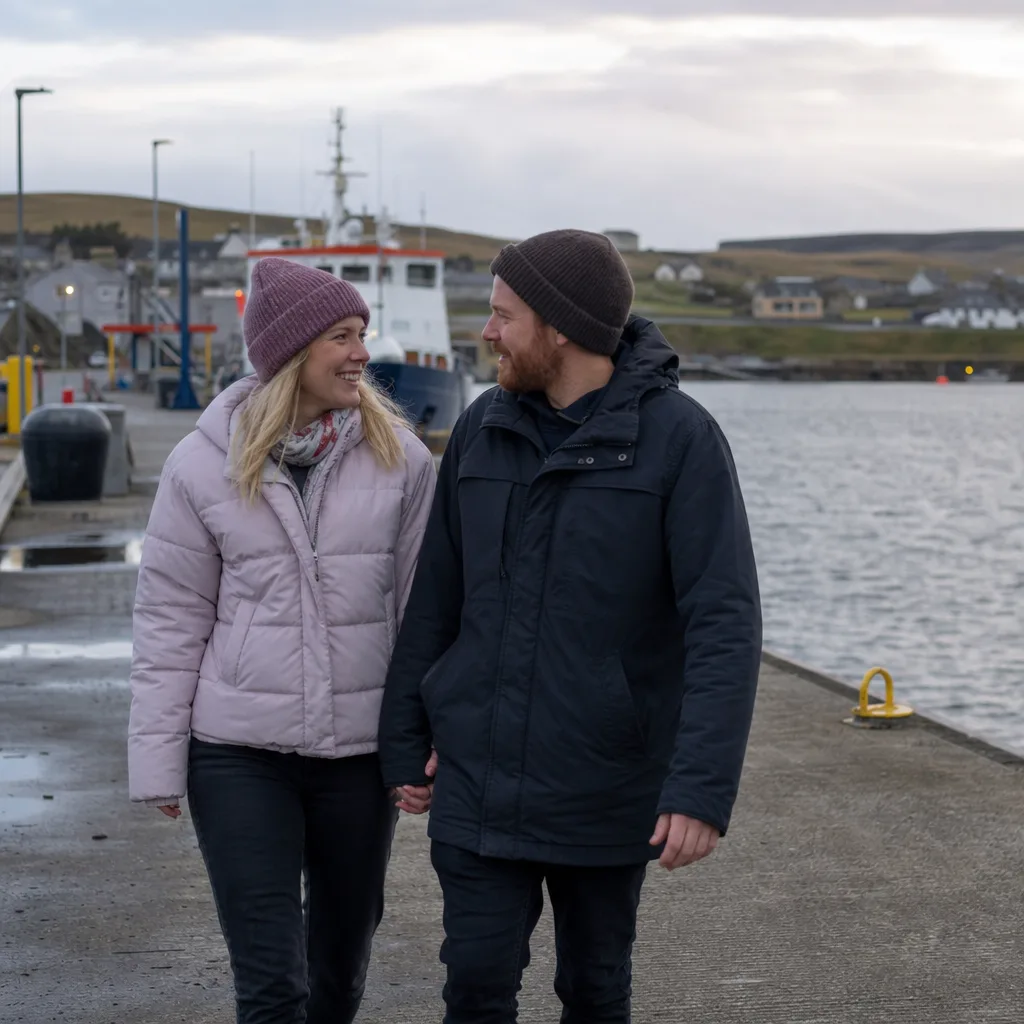 Two people walking near St Magnus Cathedral in central Kirkwall