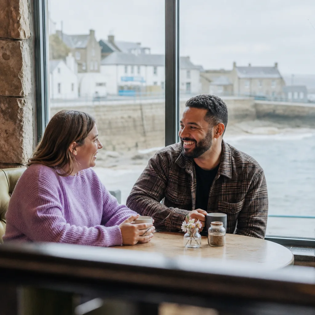 Couple having a quiet conversation while walking along an Orkney shore